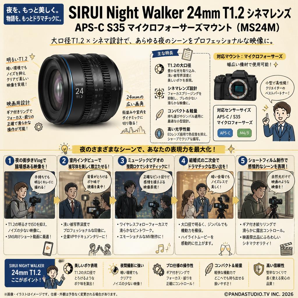 SIRUI Night Walker 24mm T1.2 シネマレンズ  APS-C S35 マイクロフォーサーズマウント ( MS24M ) 用途