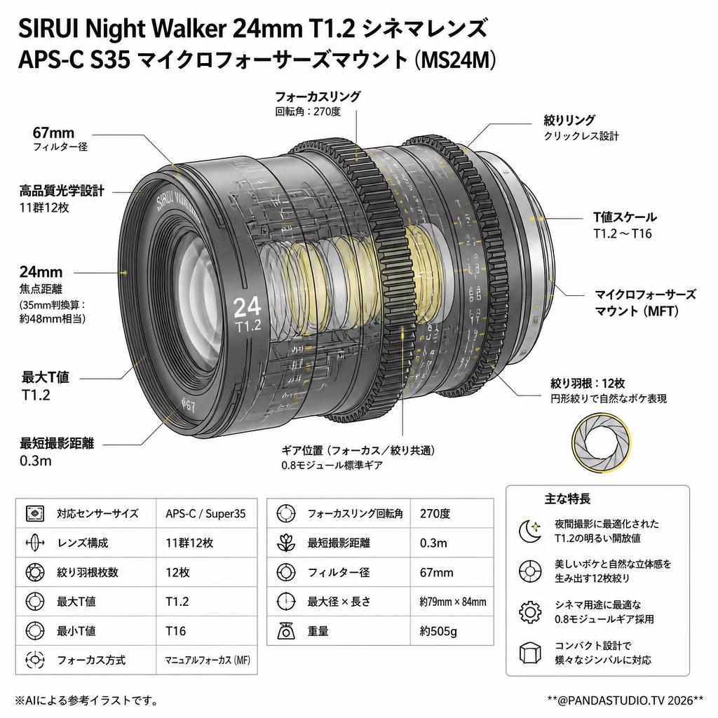 SIRUI Night Walker 24mm T1.2 シネマレンズ  APS-C S35 マイクロフォーサーズマウント ( MS24M ) スペック