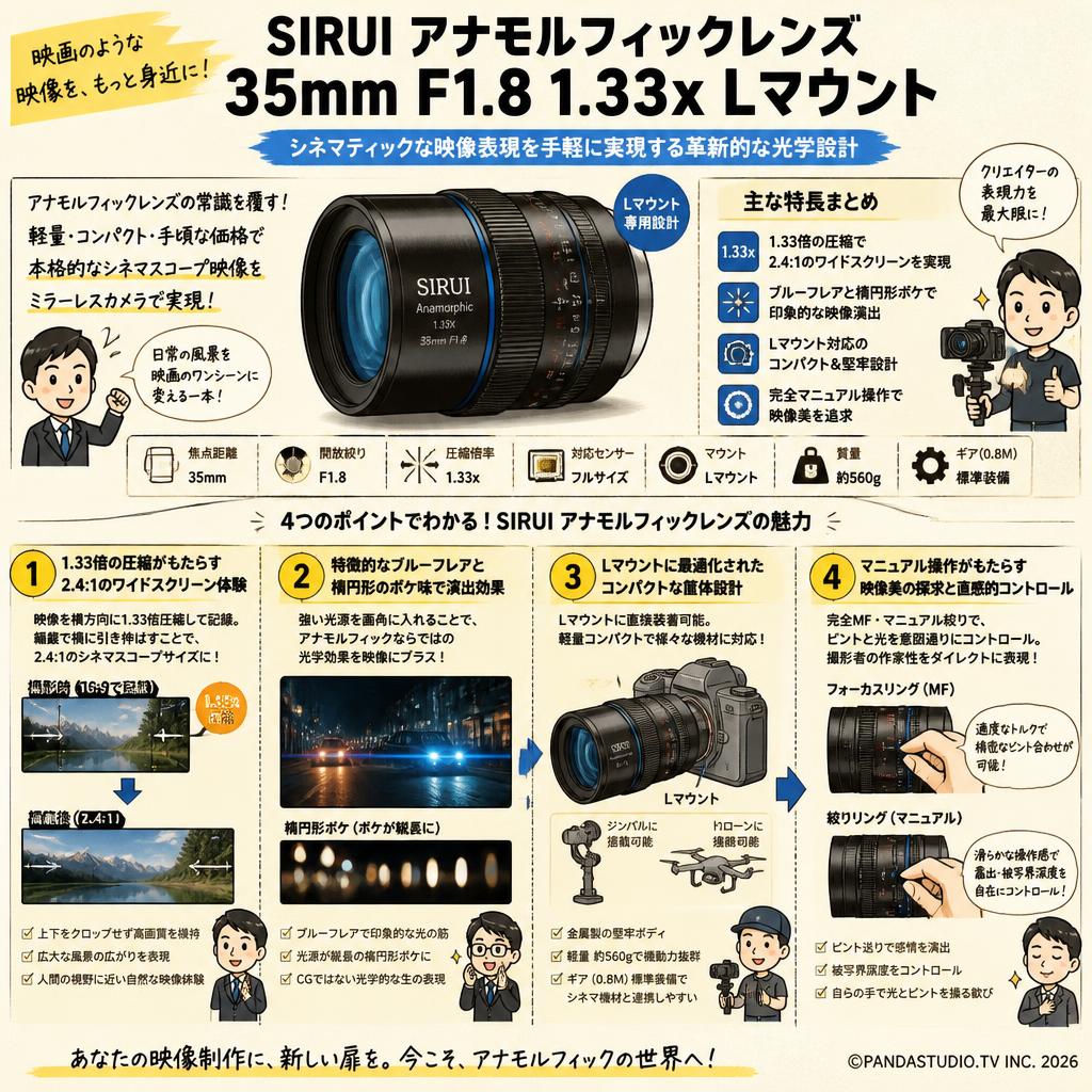 SIRUI アナモルフィックレンズ 35mm F1.8 1.33x Lマウント 概要