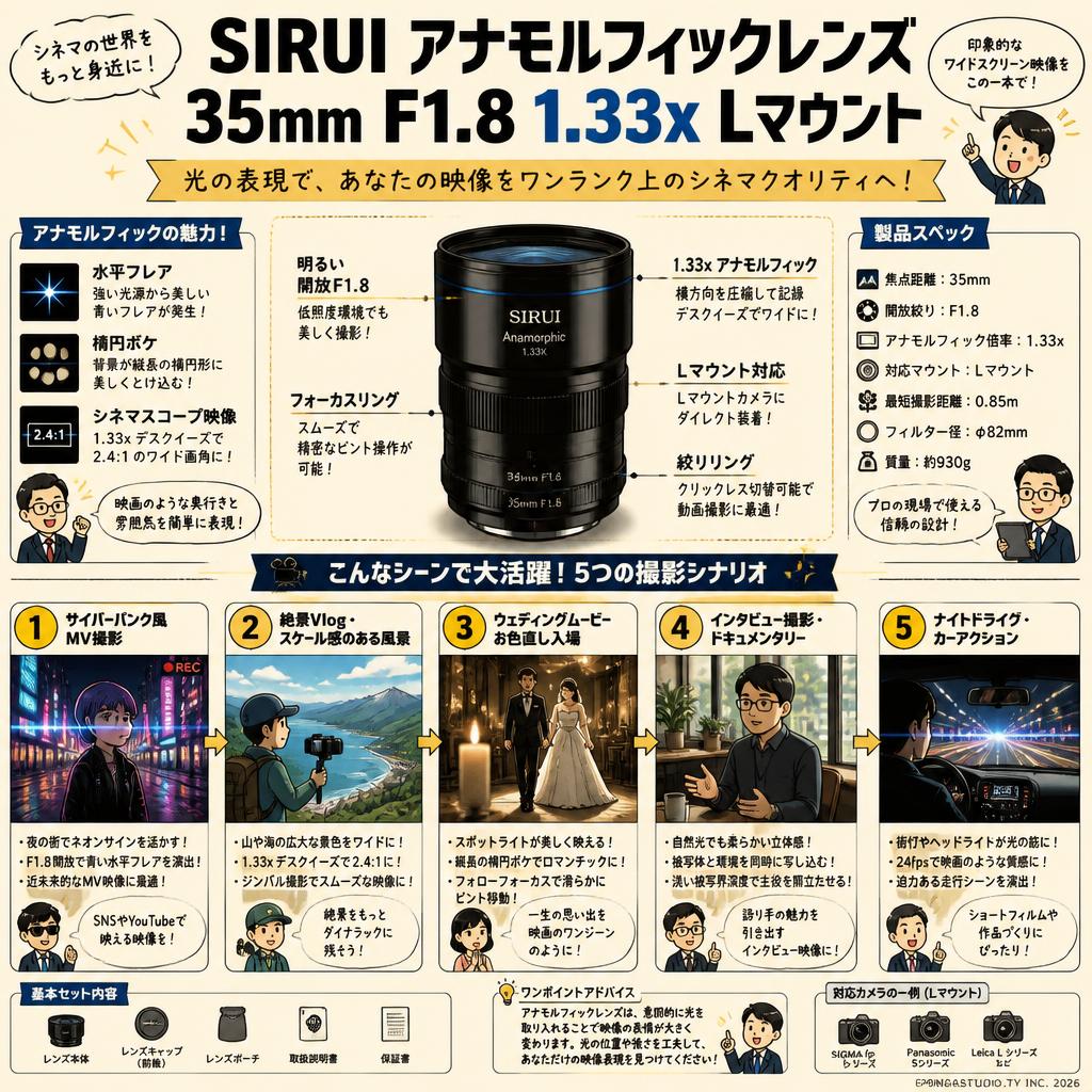 SIRUI アナモルフィックレンズ 35mm F1.8 1.33x Lマウント 用途