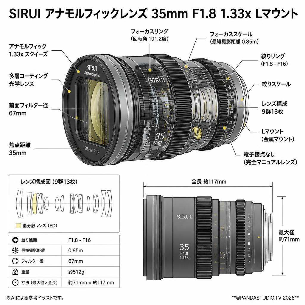 SIRUI アナモルフィックレンズ 35mm F1.8 1.33x Lマウント スペック