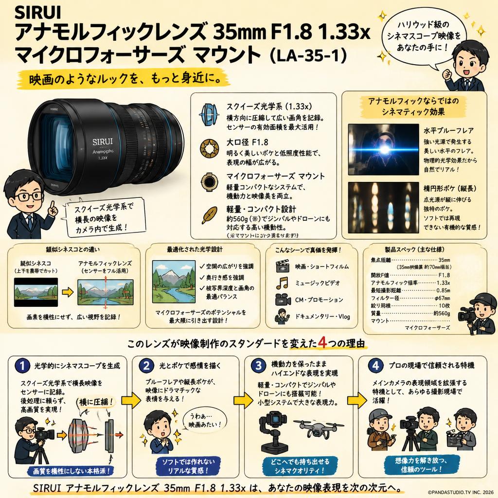SIRUI アナモルフィックレンズ 35mm F1.8 1.33x マイクロフォーサーズ マウント（LA-35-1） 概要