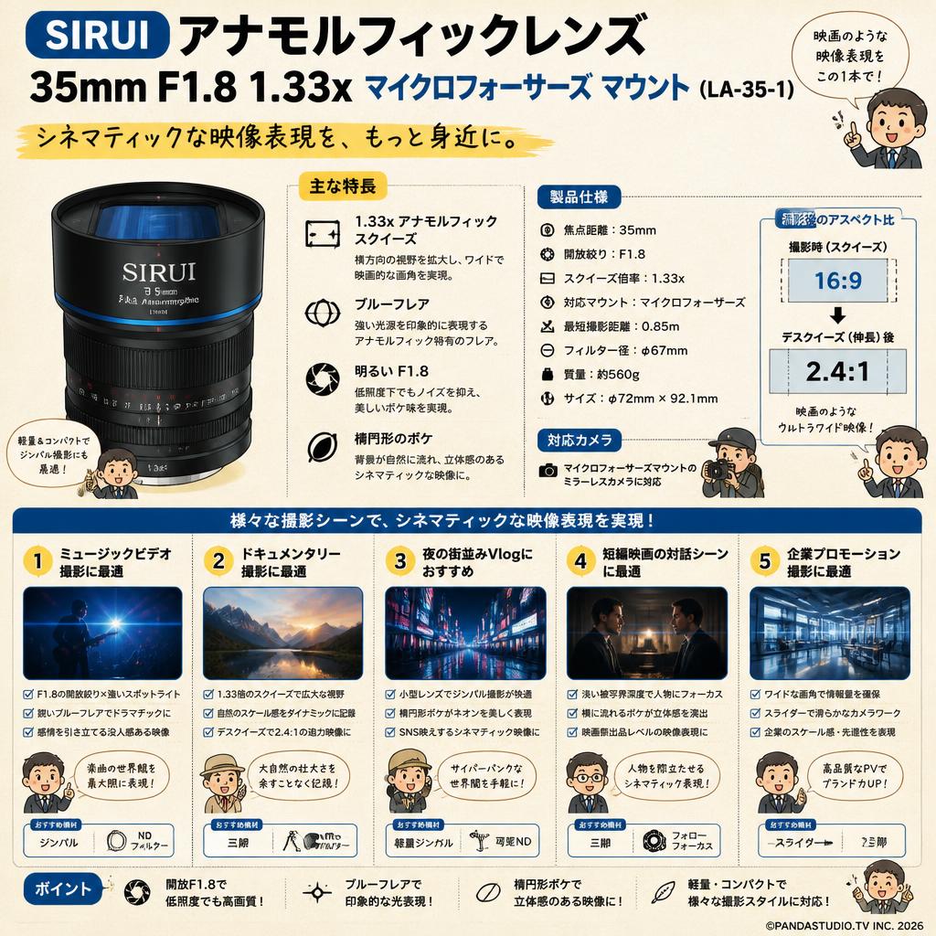 SIRUI アナモルフィックレンズ 35mm F1.8 1.33x マイクロフォーサーズ マウント（LA-35-1） 用途