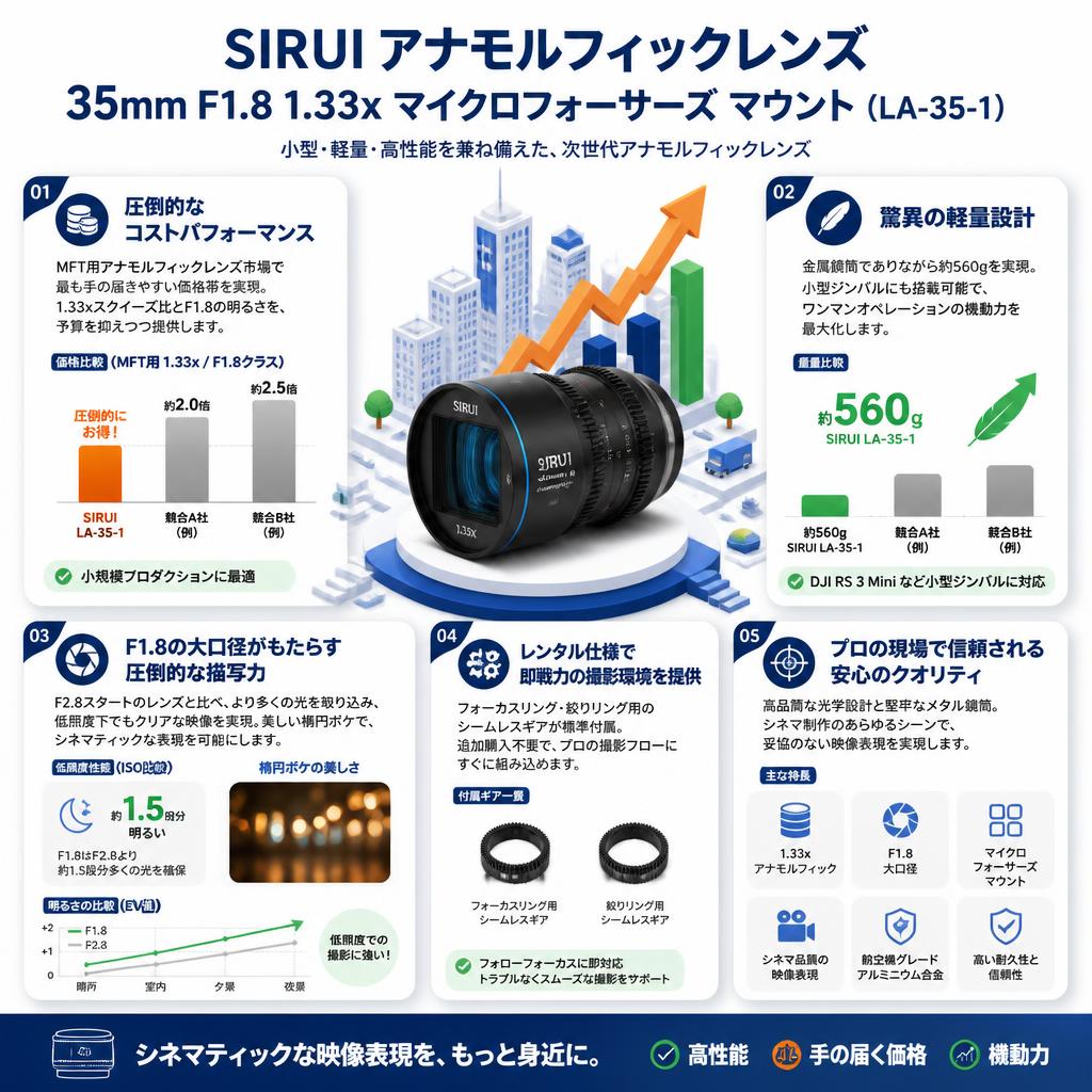 SIRUI アナモルフィックレンズ 35mm F1.8 1.33x マイクロフォーサーズ マウント（LA-35-1） セールスポイント