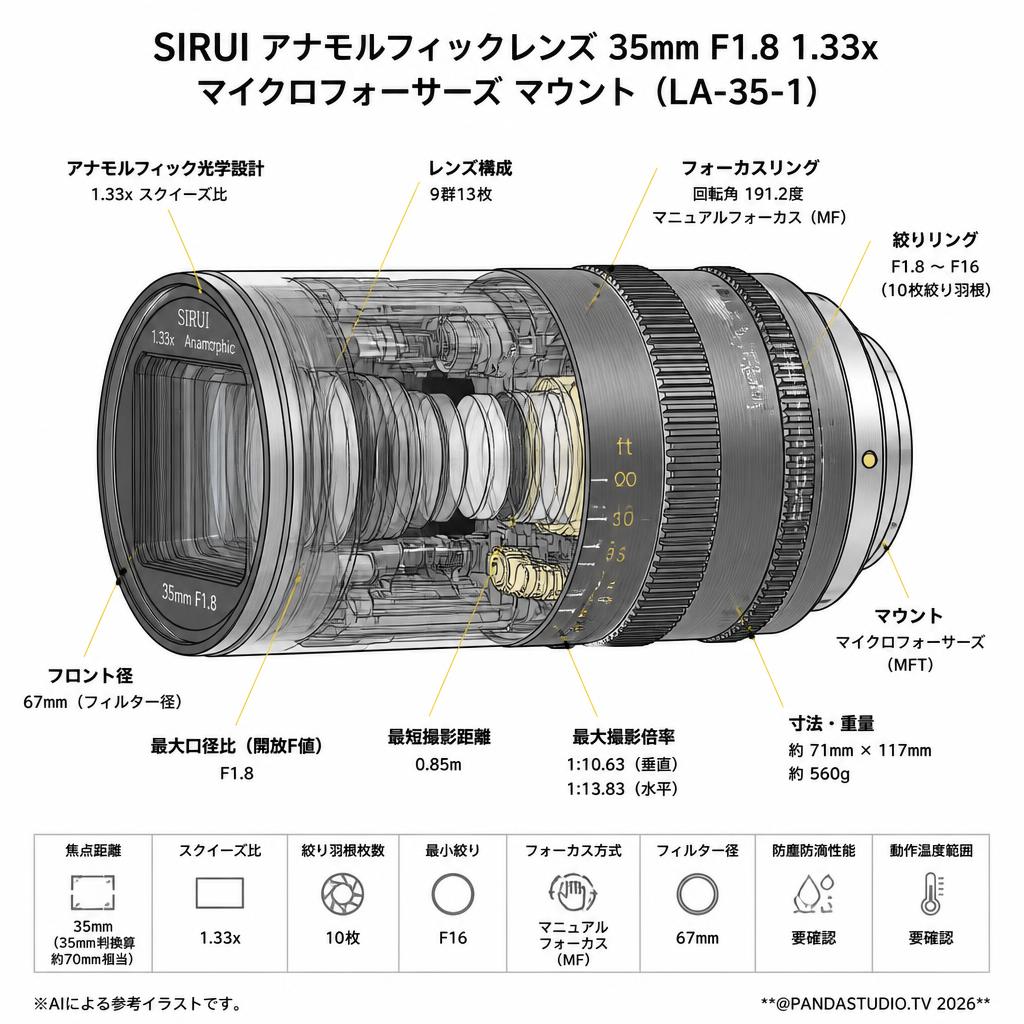 SIRUI アナモルフィックレンズ 35mm F1.8 1.33x マイクロフォーサーズ マウント（LA-35-1） スペック