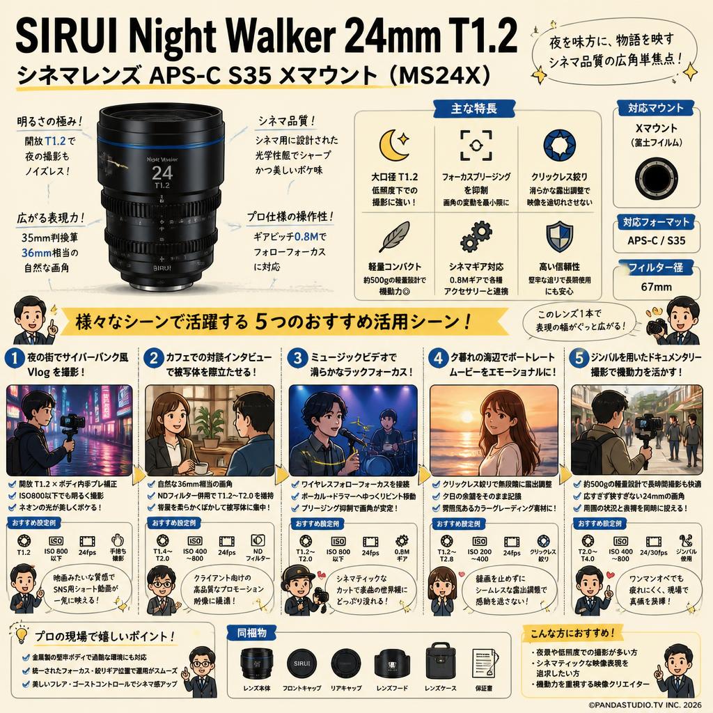SIRUI Night Walker 24mm T1.2 シネマレンズ APS-C S35 Xマウント ( MS24X ) 用途