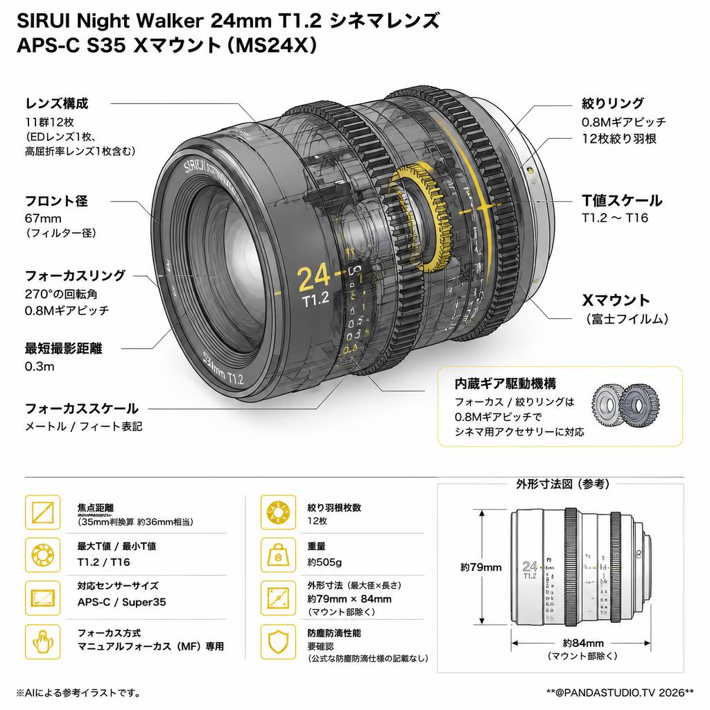SIRUI Night Walker 24mm T1.2 シネマレンズ APS-C S35 Xマウント ( MS24X ) スペック