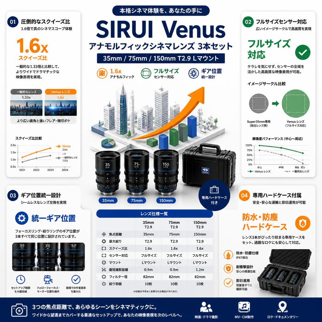 SIRUI Venus アナモルフィックシネマ レンズ 35mm / 75mm / 150mm T2.9 Lマウント Venus 1.6x 3本 / 専用ハードケース付き セット セールスポイント