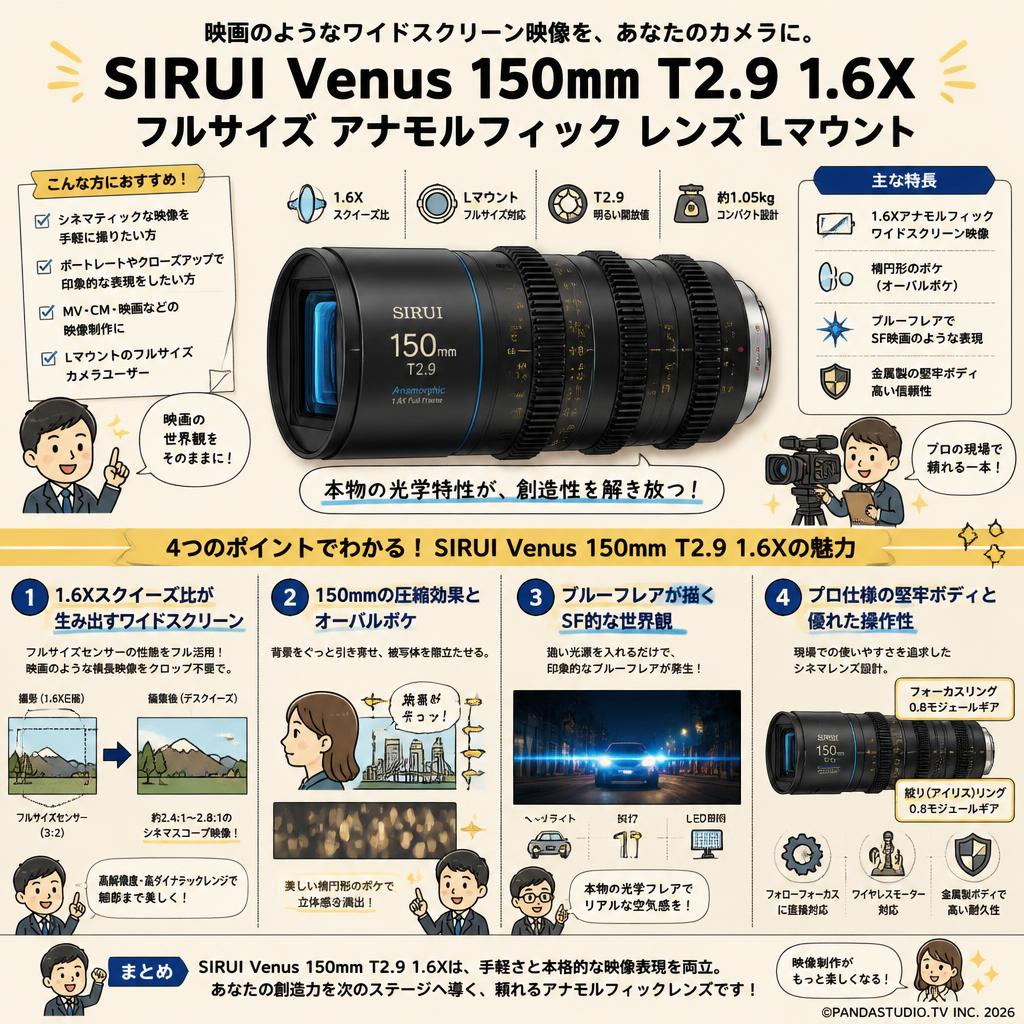 SIRUI Venus 150mm T2.9 1.6X フルサイズ アナモルフィック レンズ Lマウント 概要