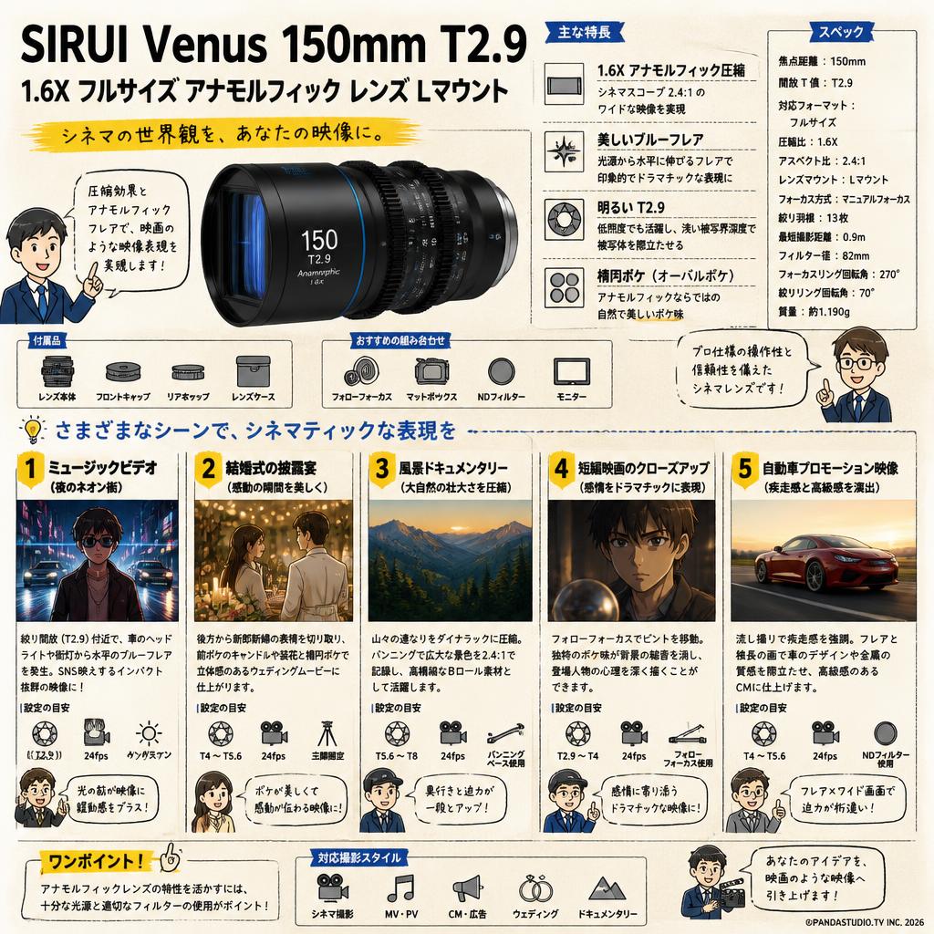 SIRUI Venus 150mm T2.9 1.6X フルサイズ アナモルフィック レンズ Lマウント 用途