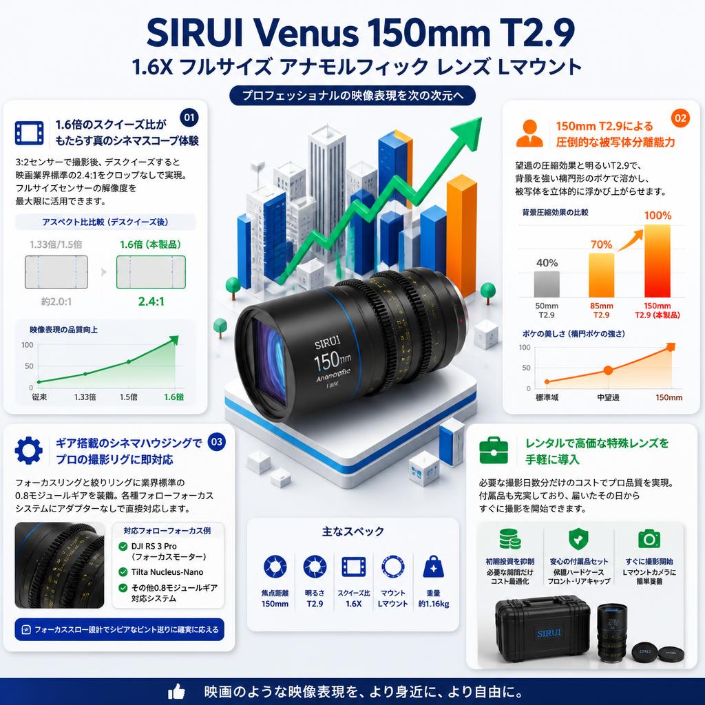 SIRUI Venus 150mm T2.9 1.6X フルサイズ アナモルフィック レンズ Lマウント セールスポイント