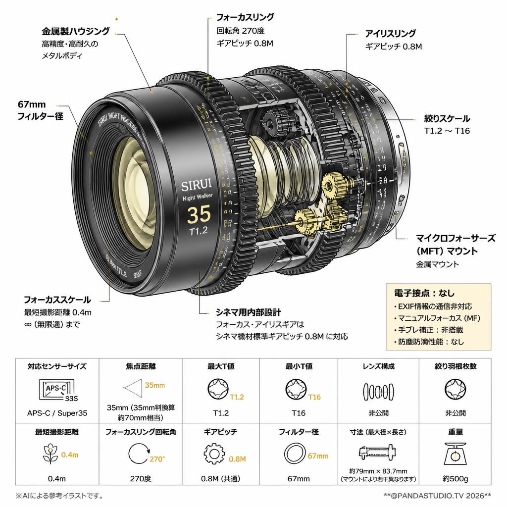 SIRUI Night Walker 35mm T1.2 シネマレンズ APS-C S35 マイクロフォーサーズ マウント ( MS35M ) スペック
