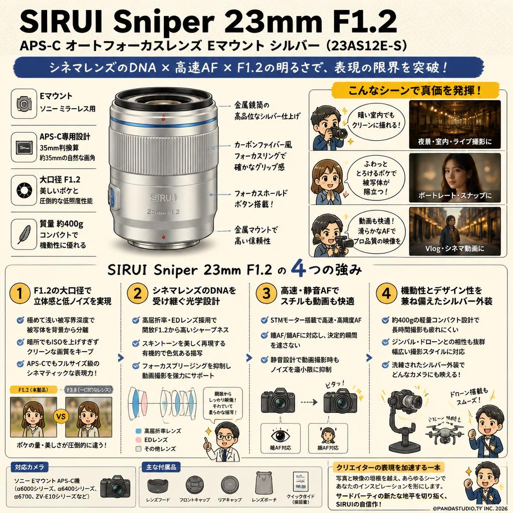 SIRUI Sniper 23mm F1.2  APS-C オートフォーカスレンズ Eマウント シルバー ( 23AS12E-S ) 概要