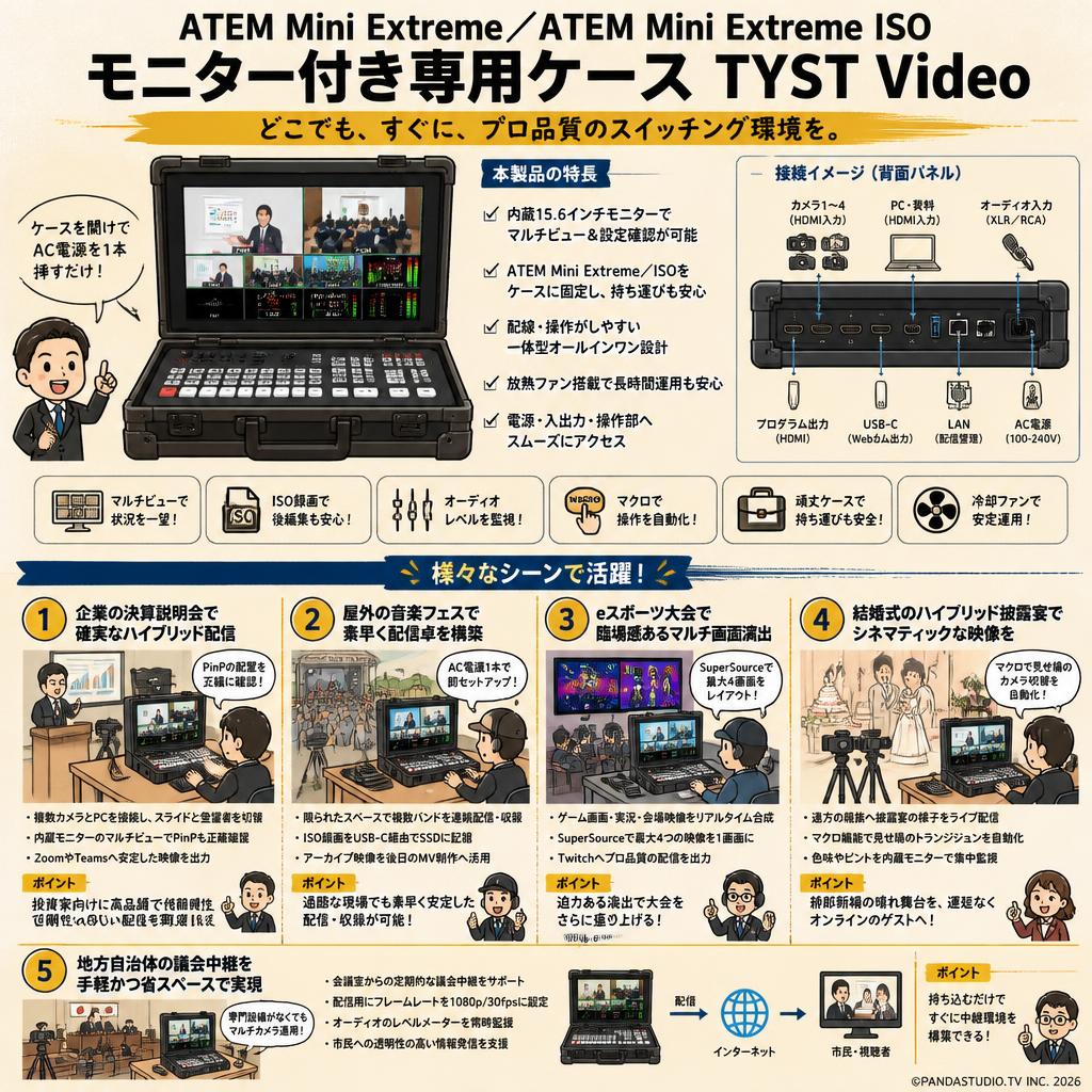 ATEM Mini Extreme／ATEM Mini Extreme ISO モニター付き専用ケース TYST Video 用途