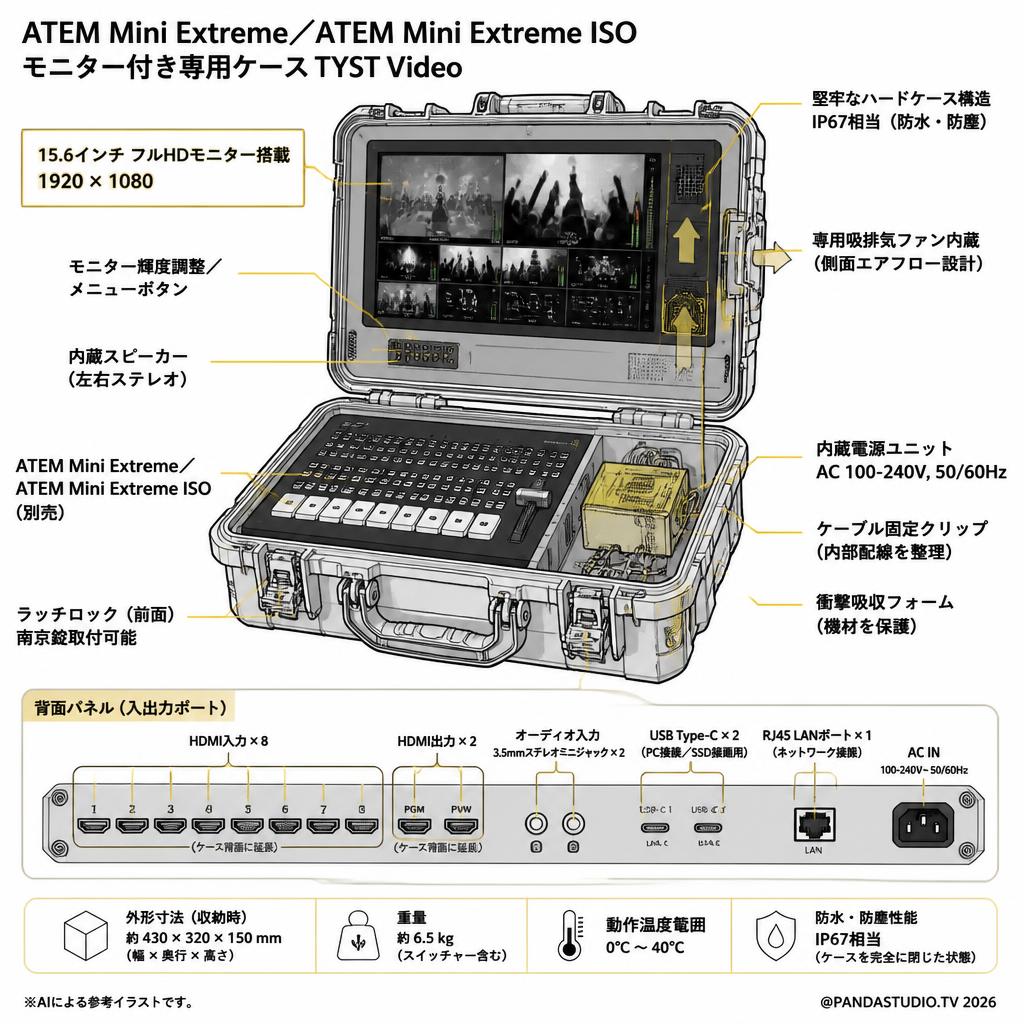 ATEM Mini Extreme／ATEM Mini Extreme ISO モニター付き専用ケース TYST Video スペック