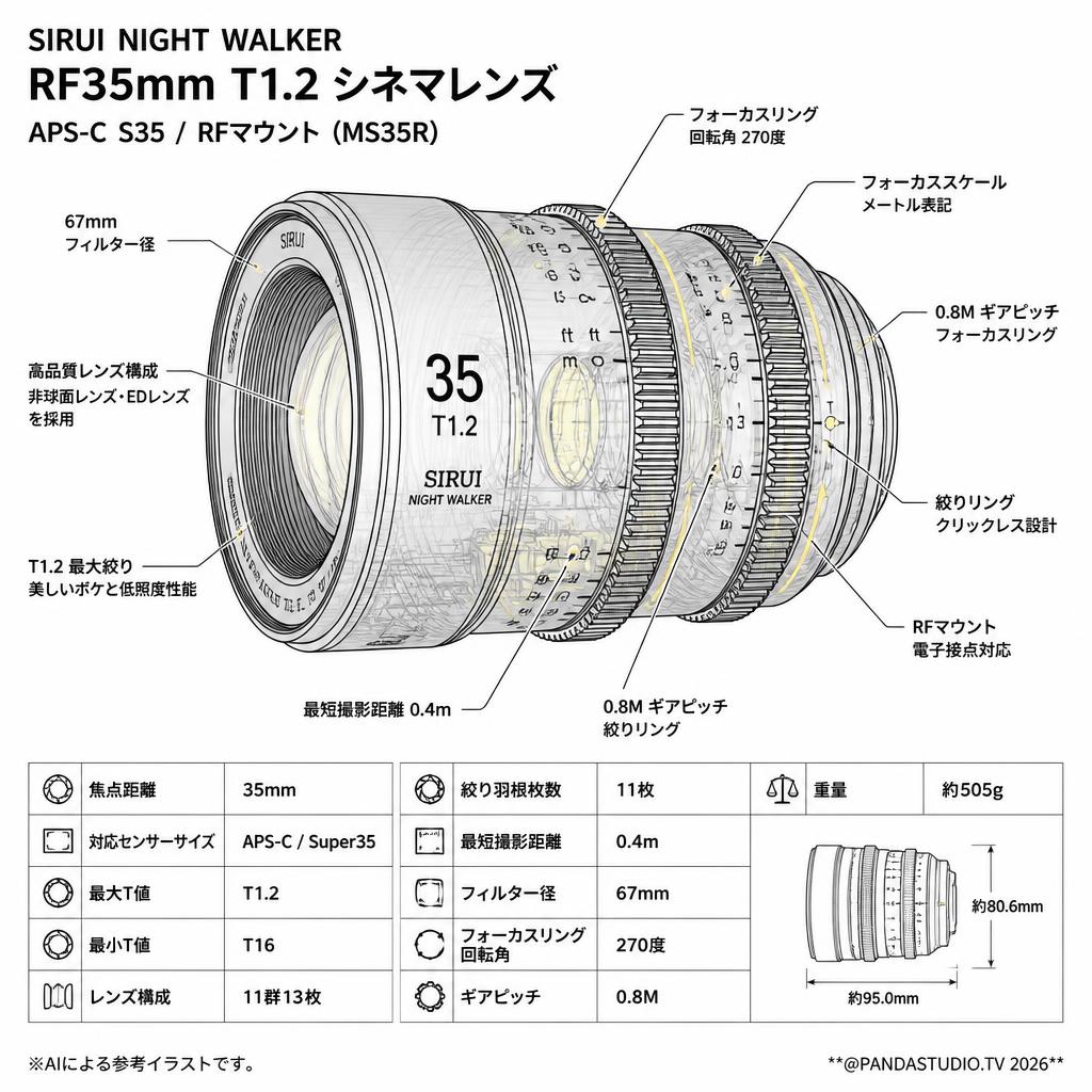 SIRUI Night Walker RF35mm T1.2 シネマレンズ APS-C S35  RFマウント ( MS35R ) スペック