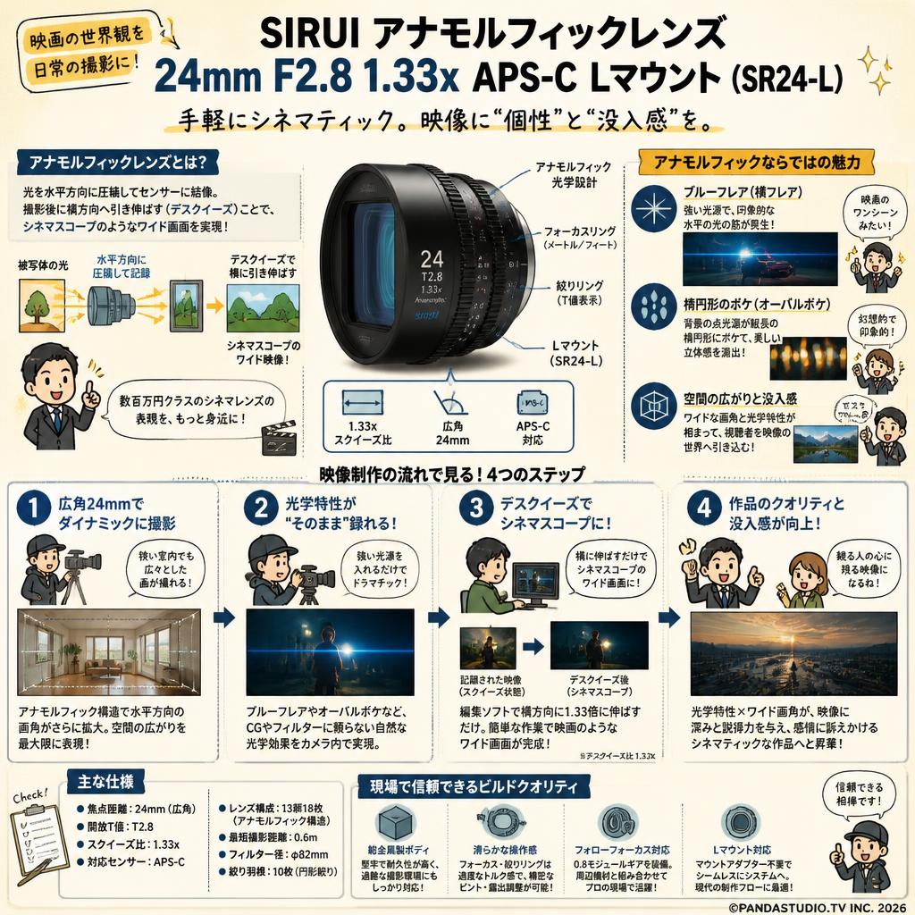 SIRUI アナモルフィックレンズ 24mm F2.8 1.33x APS-C Lマウント（SR24-L） 概要