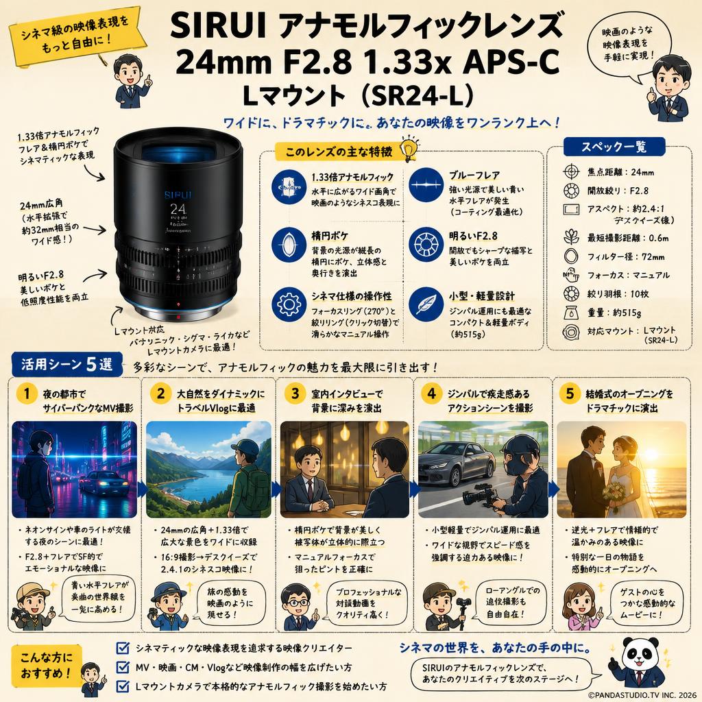 SIRUI アナモルフィックレンズ 24mm F2.8 1.33x APS-C Lマウント（SR24-L） 用途