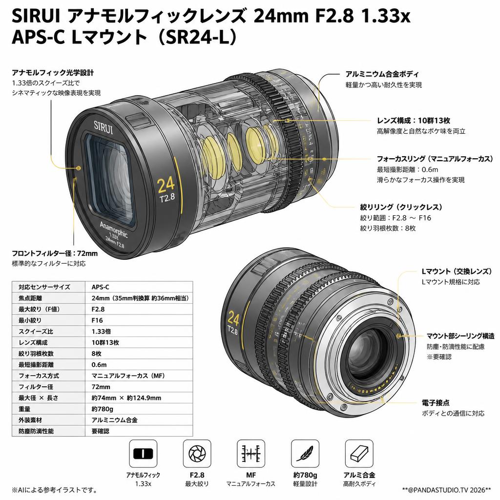 SIRUI アナモルフィックレンズ 24mm F2.8 1.33x APS-C Lマウント（SR24-L） スペック