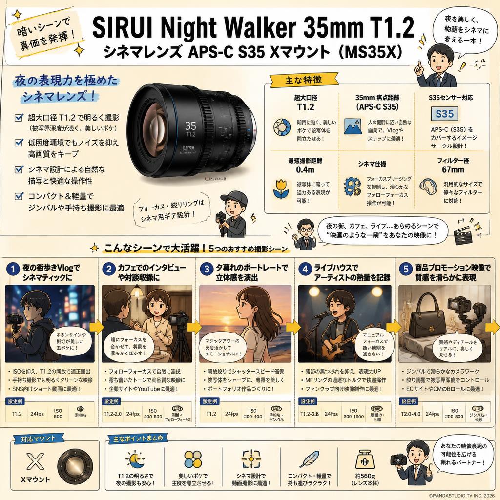SIRUI Night Walker 35mm T1.2 シネマレンズ APS-C S35 Xマウント ( MS35X ) 用途