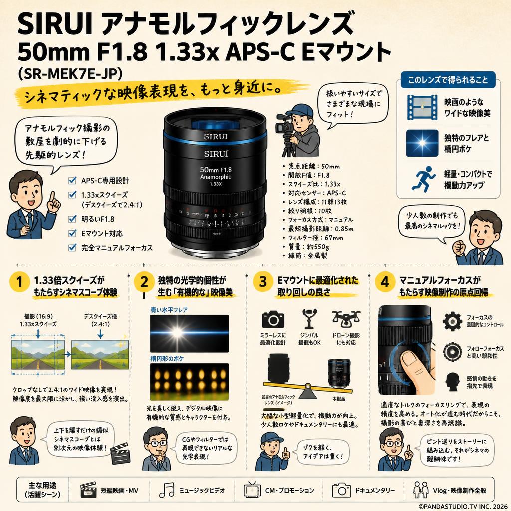 SIRUI アナモルフィックレンズ 50mm F1.8 1.33x APS-C Eマウント（SR-MEK7E-JP） 概要