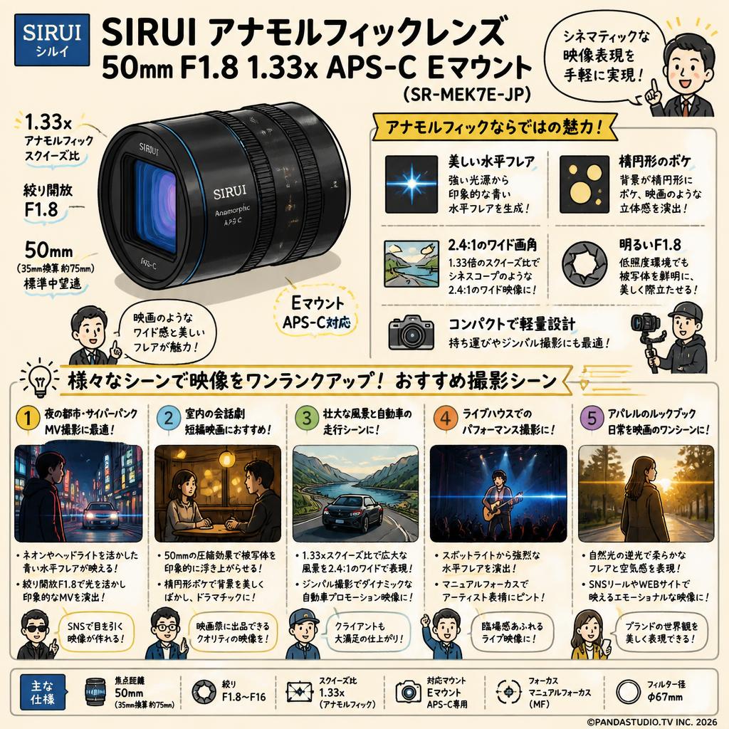 SIRUI アナモルフィックレンズ 50mm F1.8 1.33x APS-C Eマウント（SR-MEK7E-JP） 用途