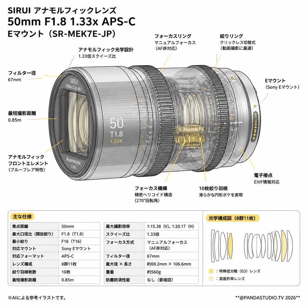 SIRUI アナモルフィックレンズ 50mm F1.8 1.33x APS-C Eマウント（SR-MEK7E-JP） スペック