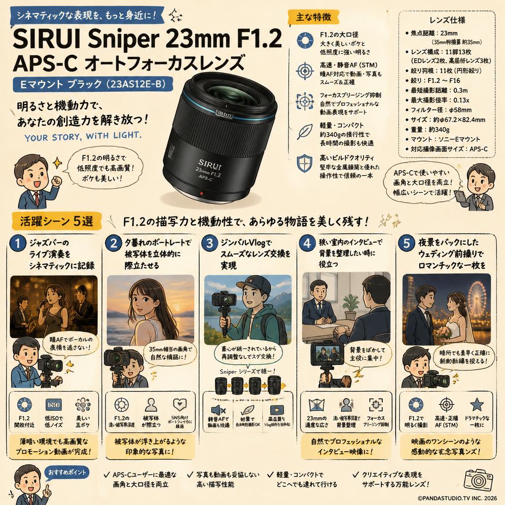 SIRUI Sniper 23mm F1.2 APS-C オートフォーカスレンズ Eマウント ブラック ( 23AS12E-B ) 用途