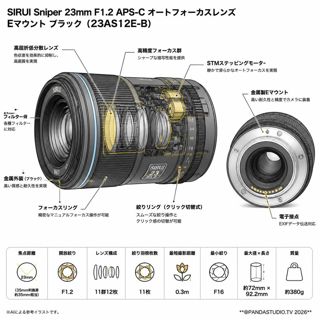 SIRUI Sniper 23mm F1.2 APS-C オートフォーカスレンズ Eマウント ブラック ( 23AS12E-B ) スペック