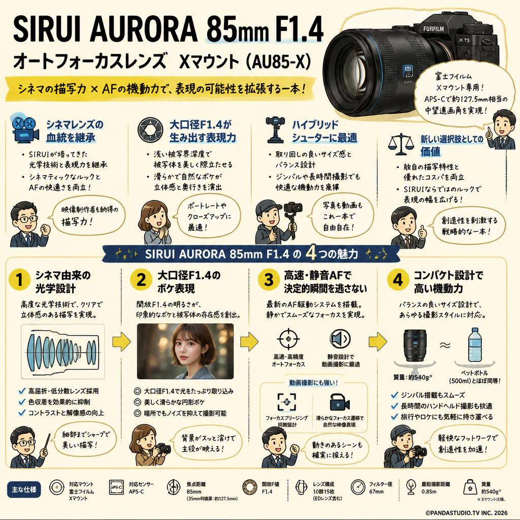 SIRUI AURORA 85mm F1.4 オートフォーカスレンズ  Xマウント ( AU85-X ) 概要