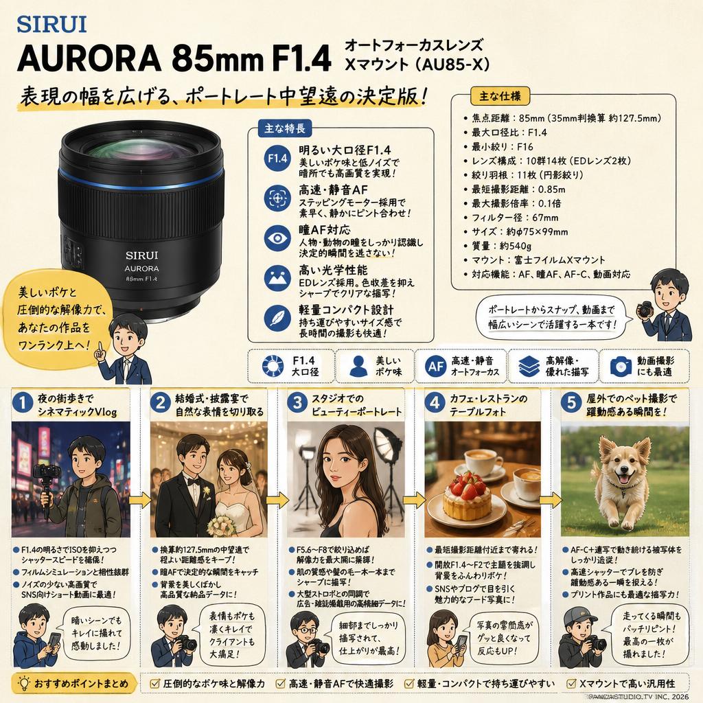 SIRUI AURORA 85mm F1.4 オートフォーカスレンズ  Xマウント ( AU85-X ) 用途