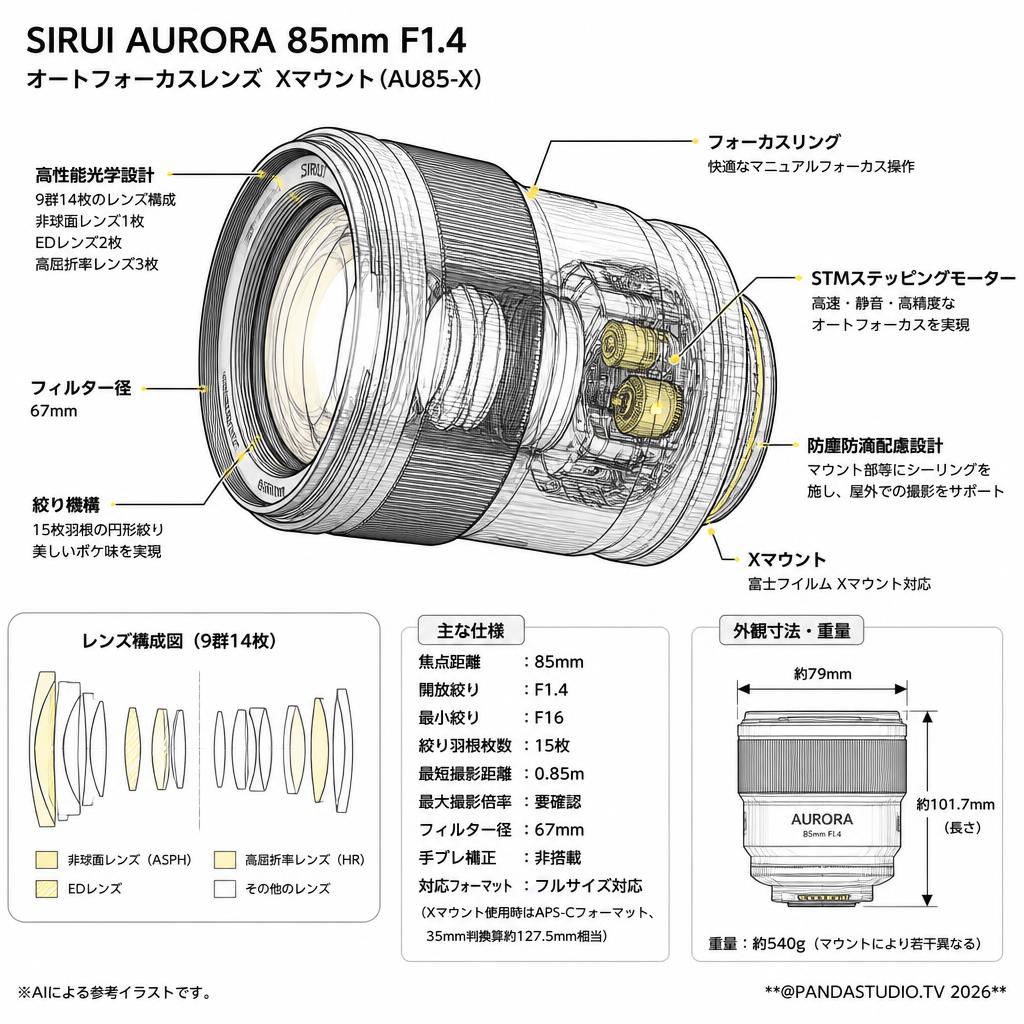 SIRUI AURORA 85mm F1.4 オートフォーカスレンズ  Xマウント ( AU85-X ) スペック