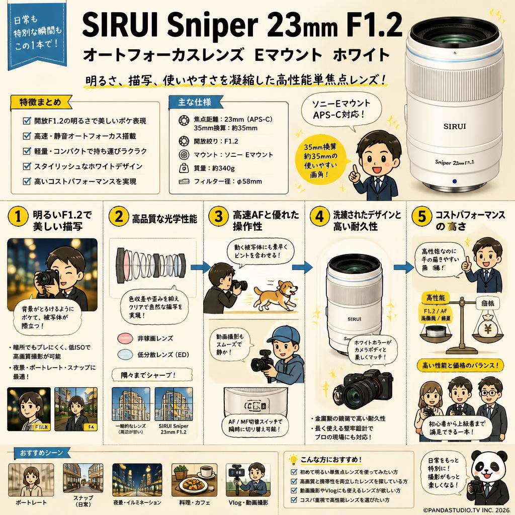 SIRUI Sniper 23mm F1.2 オートフォーカスレンズ  Eマウント ホワイト 概要