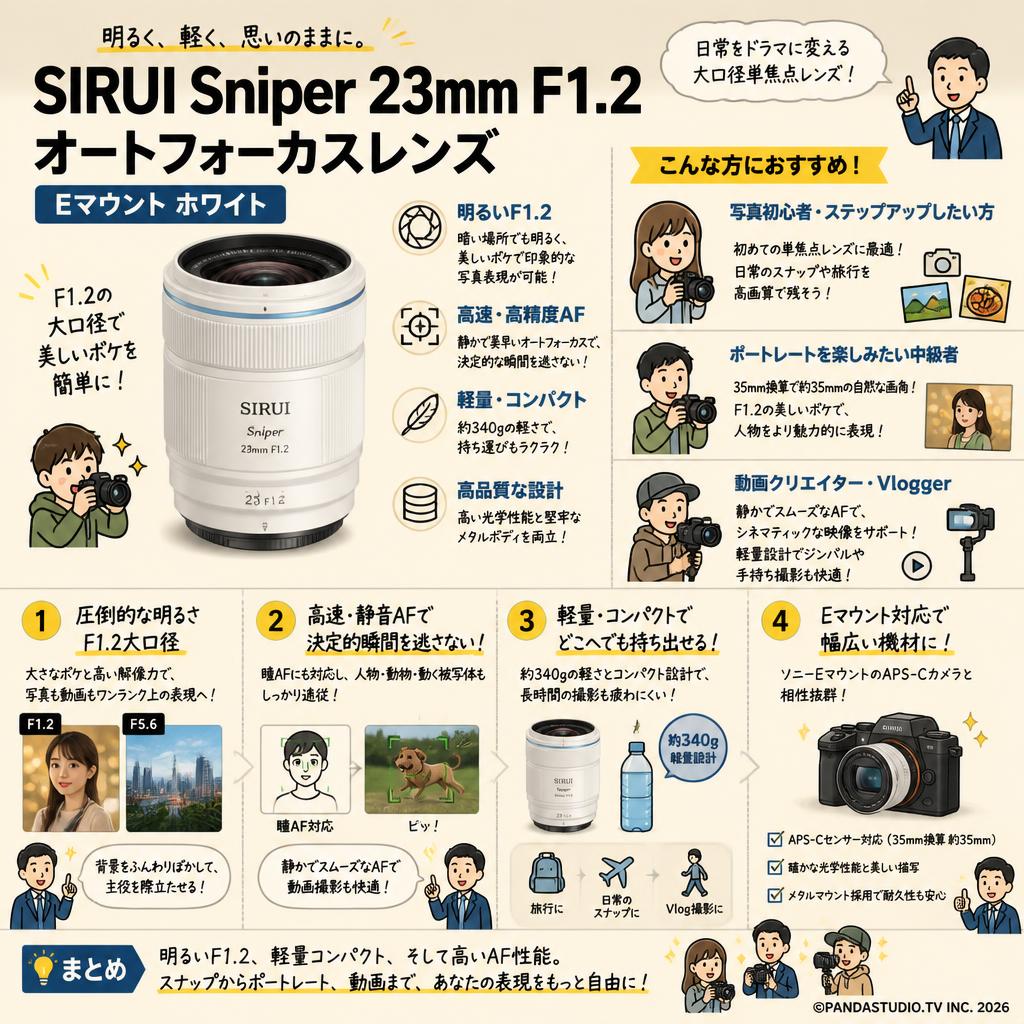 SIRUI Sniper 23mm F1.2 オートフォーカスレンズ  Eマウント ホワイト おもな対象のお客様