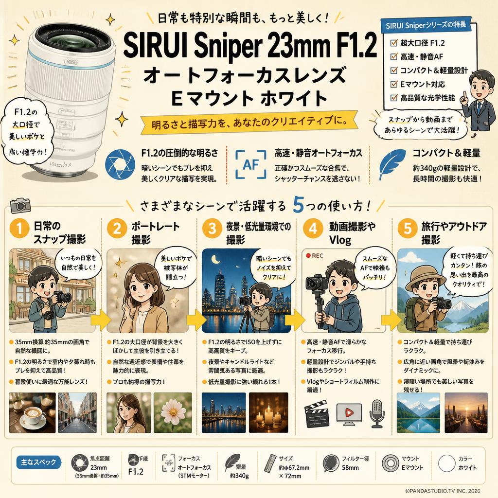 SIRUI Sniper 23mm F1.2 オートフォーカスレンズ  Eマウント ホワイト 用途