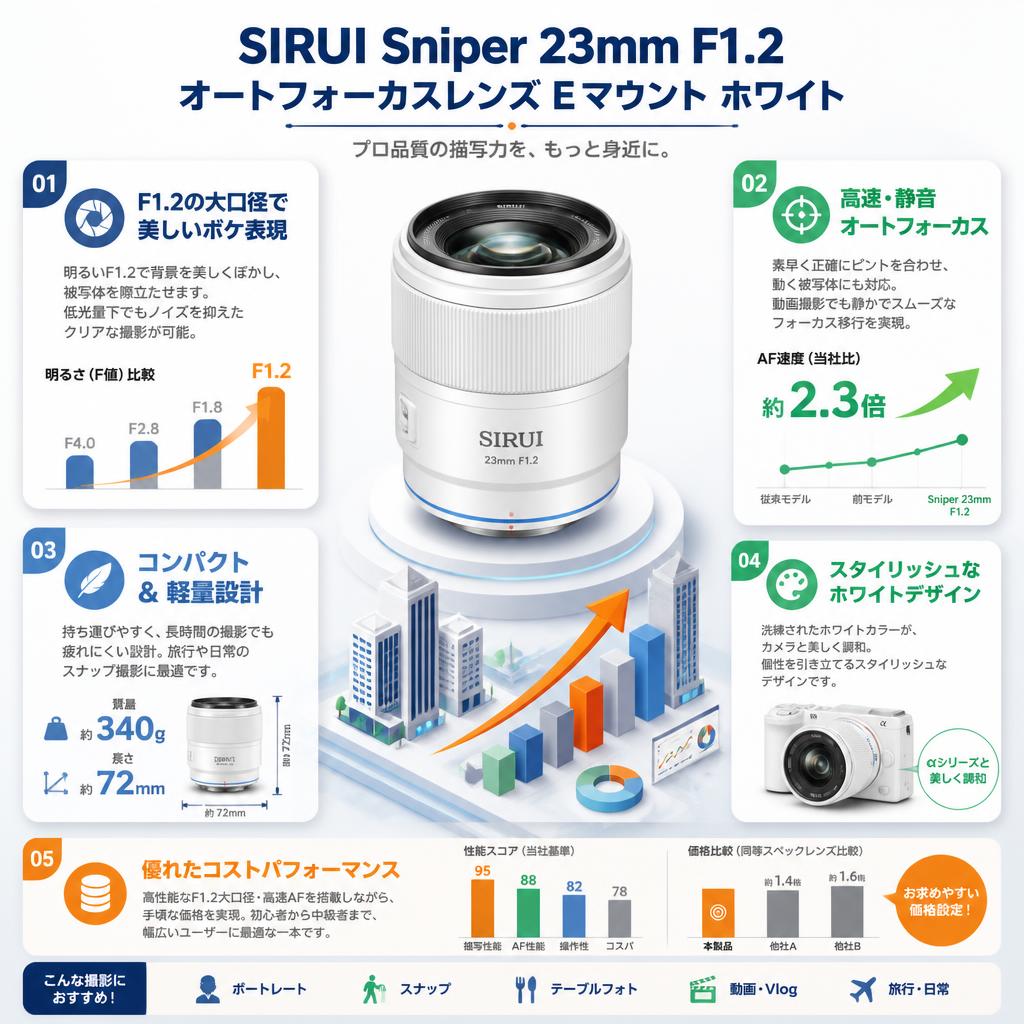 SIRUI Sniper 23mm F1.2 オートフォーカスレンズ  Eマウント ホワイト セールスポイント