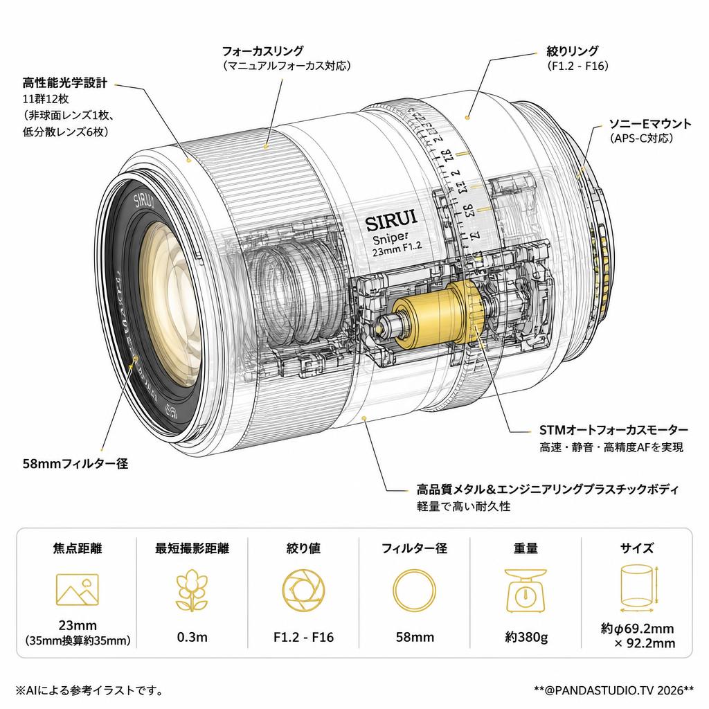 SIRUI Sniper 23mm F1.2 オートフォーカスレンズ  Eマウント ホワイト スペック