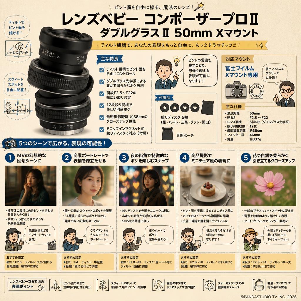レンズベビー コンポーザープロⅡ ダブルグラスⅡ 50mm Xマウント 用途