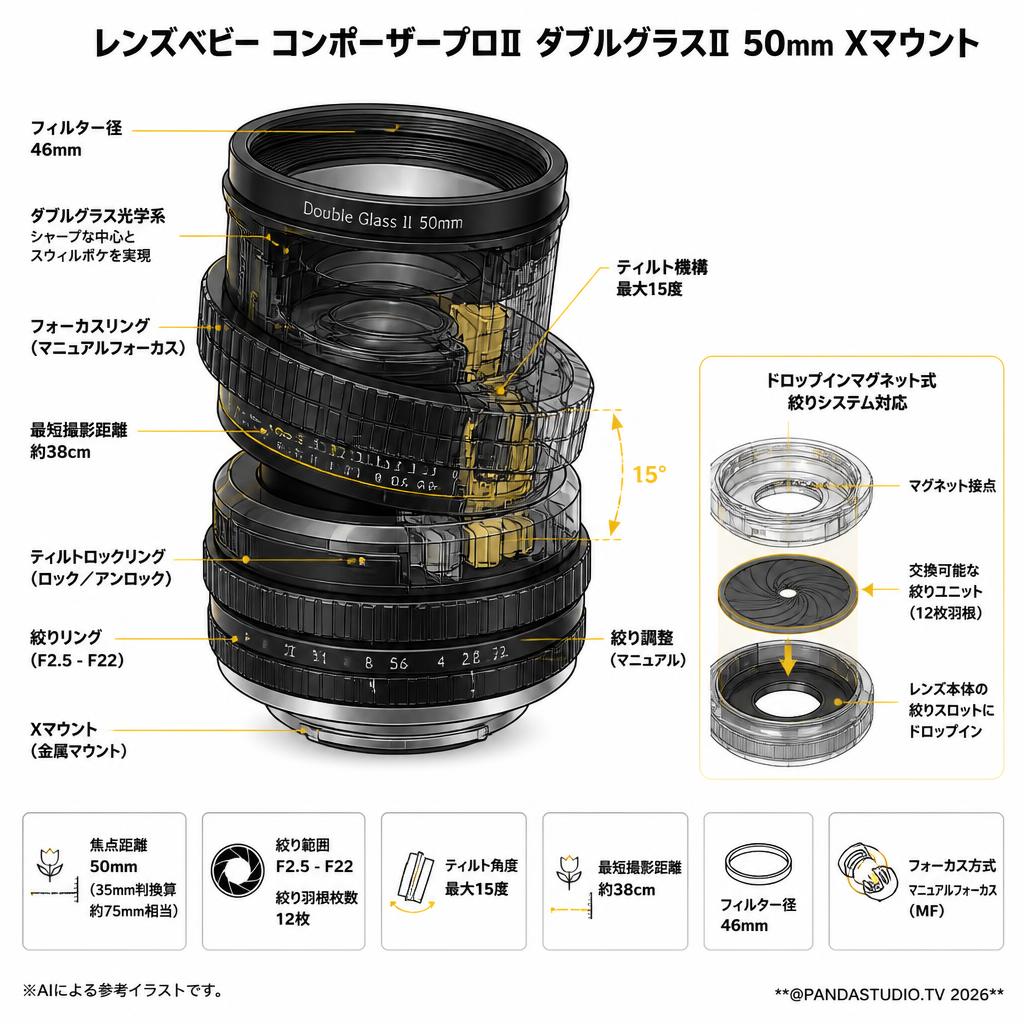 レンズベビー コンポーザープロⅡ ダブルグラスⅡ 50mm Xマウント スペック