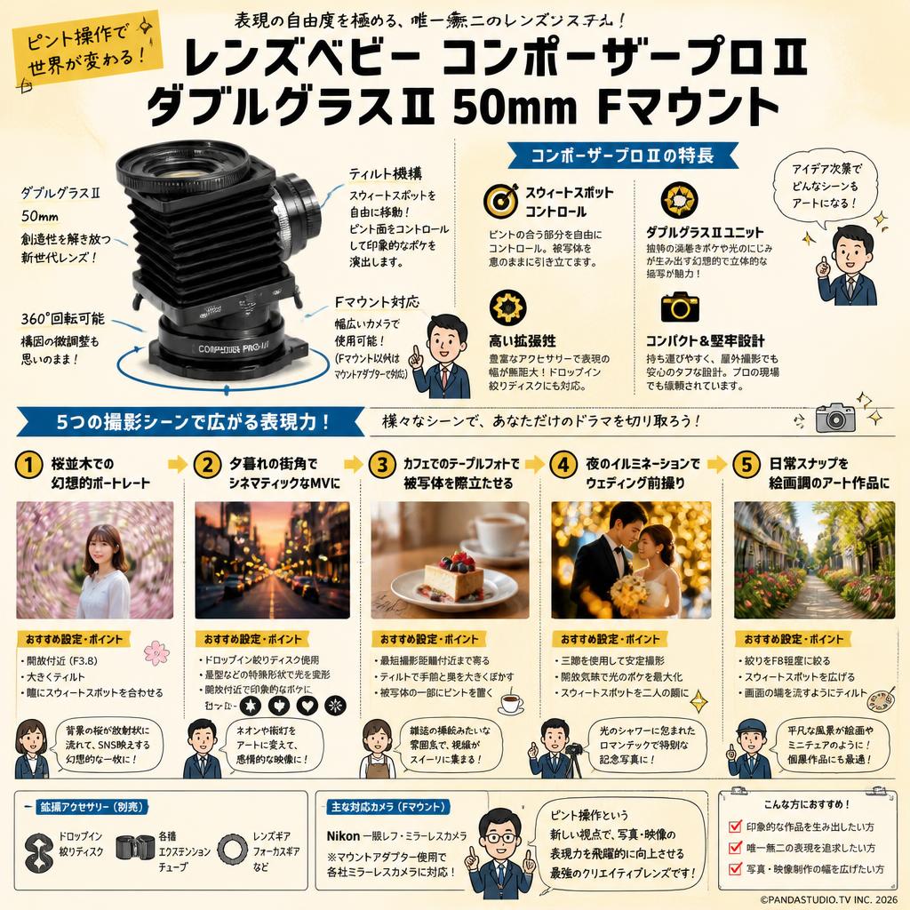 レンズベビー コンポーザープロⅡ ダブルグラスⅡ 50mm Fマウント 用途