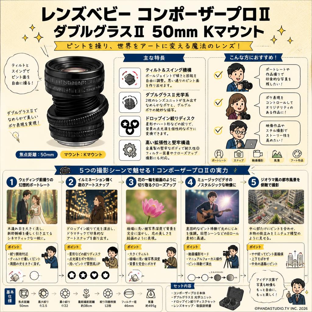 レンズベビー コンポーザープロⅡ ダブルグラスⅡ 50mm Kマウント 用途