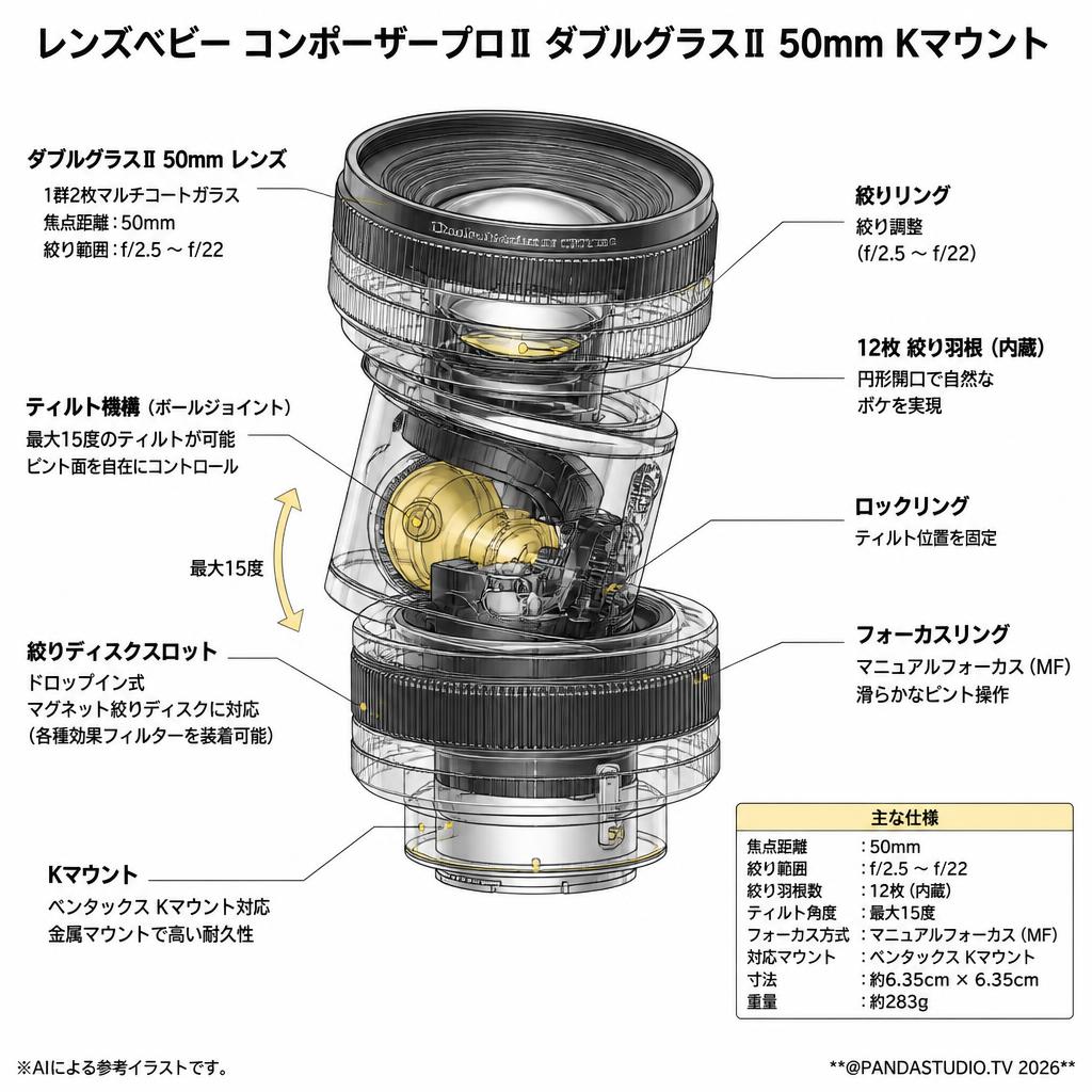 レンズベビー コンポーザープロⅡ ダブルグラスⅡ 50mm Kマウント スペック