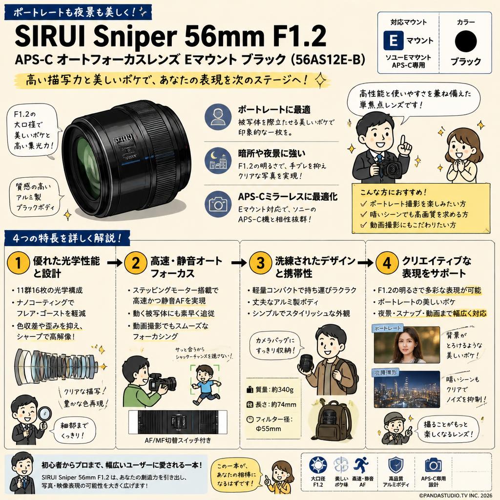 SIRUI Sniper 56mm F1.2 APS-C オートフォーカスレンズ Eマウント ブラック（ 56AS12E-B ) 概要