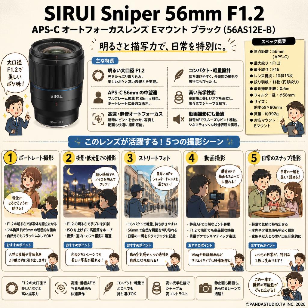 SIRUI Sniper 56mm F1.2 APS-C オートフォーカスレンズ Eマウント ブラック（ 56AS12E-B ) 用途