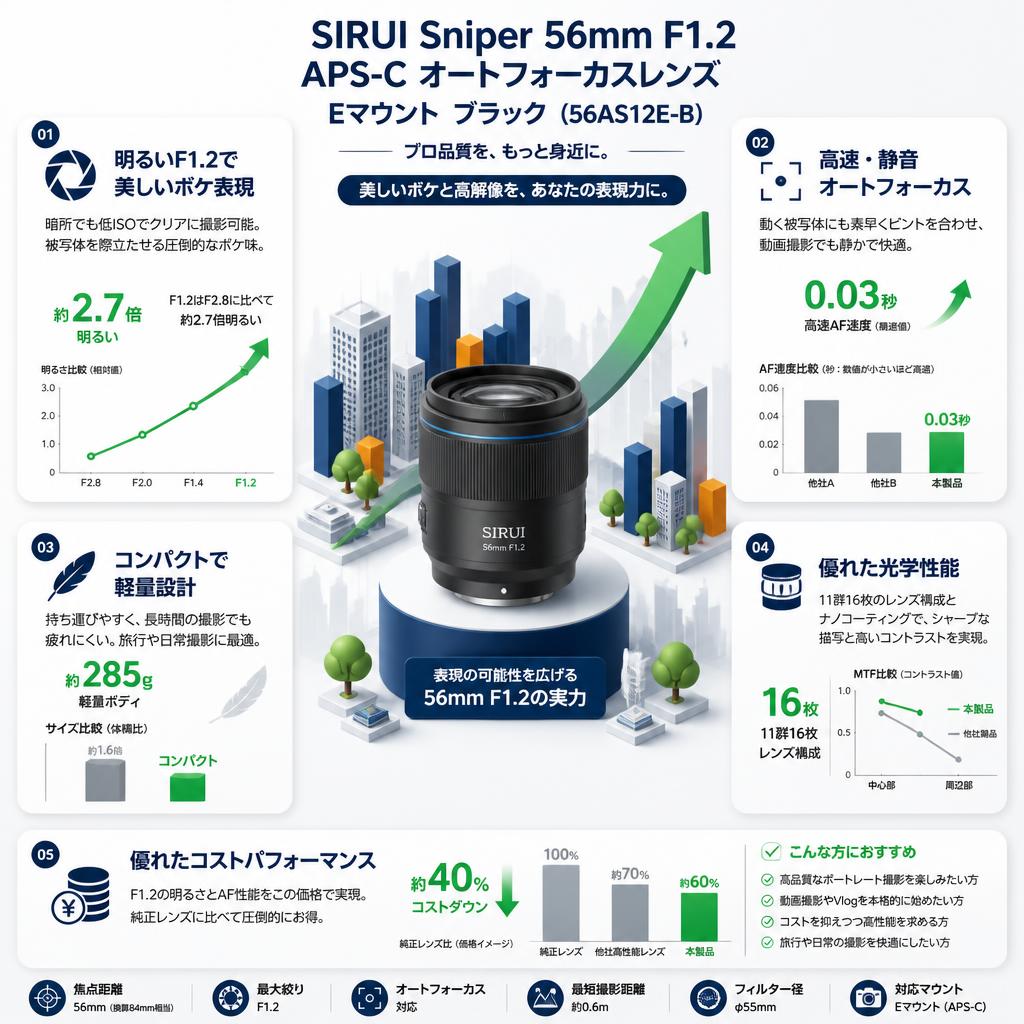 SIRUI Sniper 56mm F1.2 APS-C オートフォーカスレンズ Eマウント ブラック（ 56AS12E-B ) セールスポイント