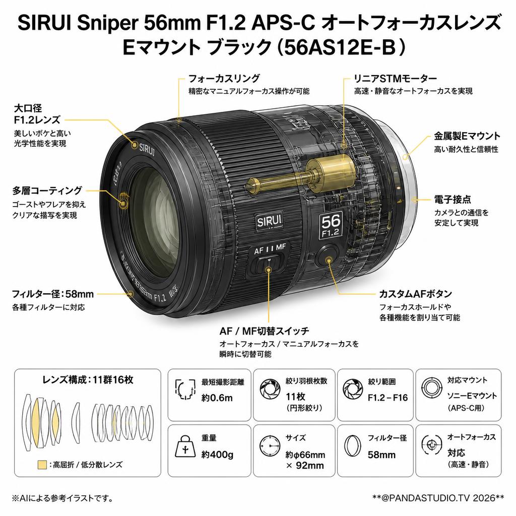 SIRUI Sniper 56mm F1.2 APS-C オートフォーカスレンズ Eマウント ブラック（ 56AS12E-B ) スペック