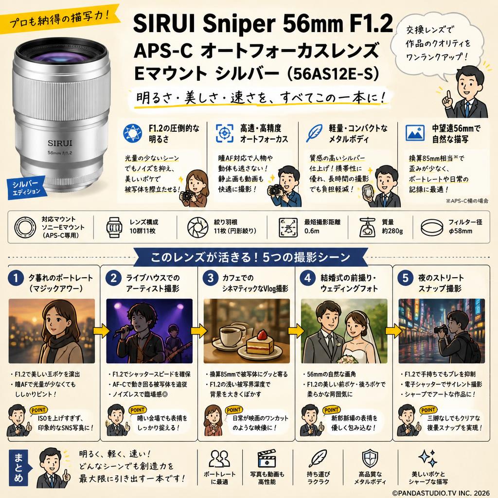 SIRUI Sniper 56mm F1.2 APS-C オートフォーカスレンズ  Eマウント シルバー（ 56AS12E-S ) 用途
