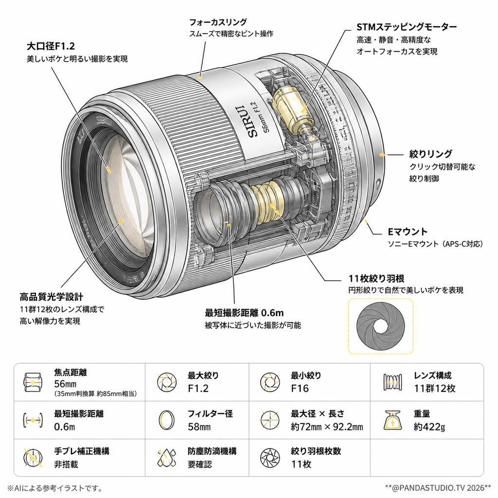 SIRUI Sniper 56mm F1.2 APS-C オートフォーカスレンズ  Eマウント シルバー（ 56AS12E-S ) スペック
