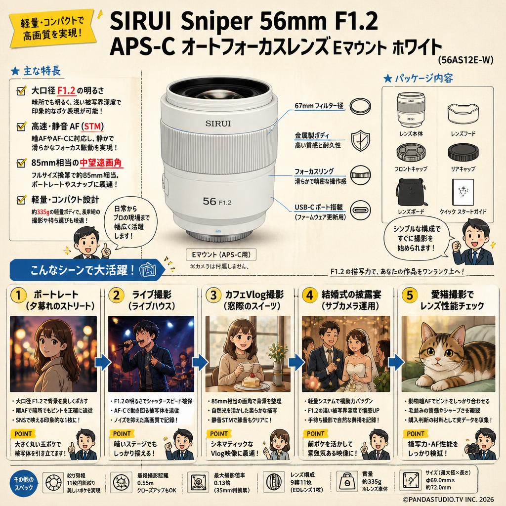 SIRUI Sniper 56mm F1.2 APS-C オートフォーカスレンズ Eマウント ホワイト（ 56AS12E-W ) 用途
