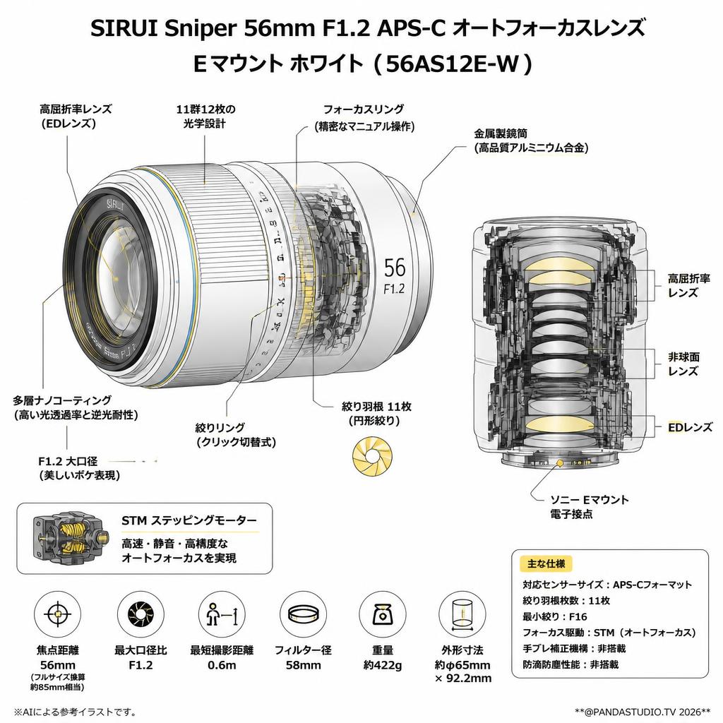 SIRUI Sniper 56mm F1.2 APS-C オートフォーカスレンズ Eマウント ホワイト（ 56AS12E-W ) スペック
